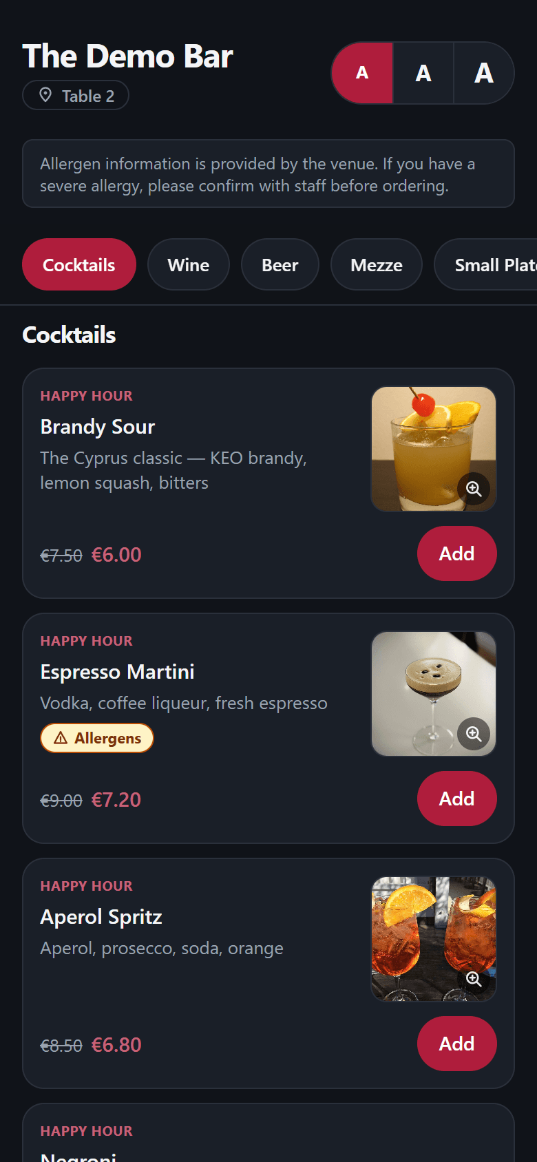 The live demo menu on a phone: The Demo Bar’s themed menu with items, prices and an allergen label